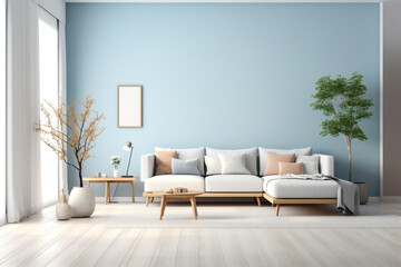 sofa blue home wall room interior design modern decor apartment furniture. Generative AI.