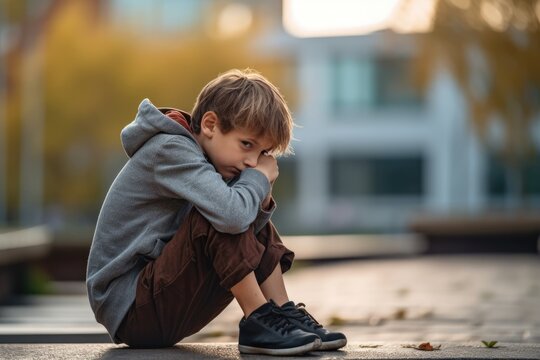 Side view of a sad Crestfallen Crying child boy sitting on the floor at the schoolyard 