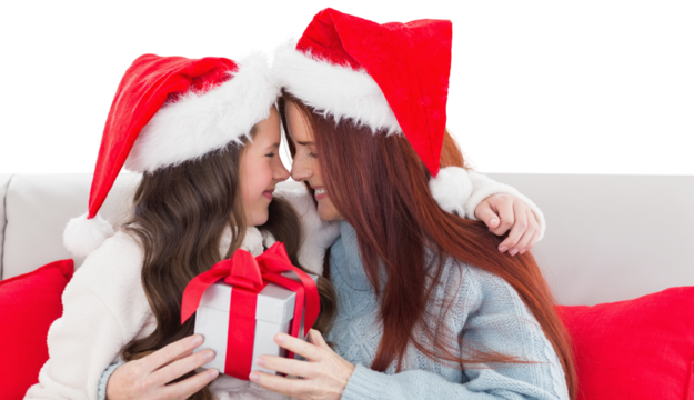 Digital png photo of happy caucasian mother and daughter in santa hat on transparent background
