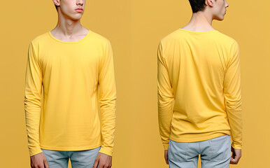 Man wearing a yellow T-shirt with long sleeves. Front and back view