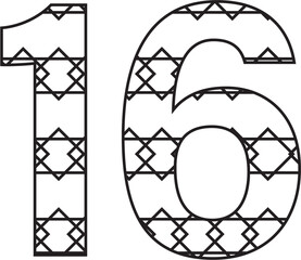 Digital png illustration of black 16 number with pattern on transparent background