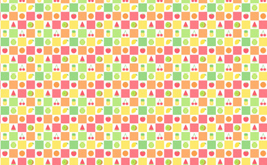 スタンプ加工と手描き風の質感のカラフルポップな可愛いフルーツ・くだものシームレス背景パターン柄の素材_ストライプチェッカー