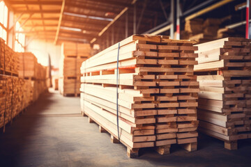 Warehouse at sawmill with wooden planks, Generative AI
