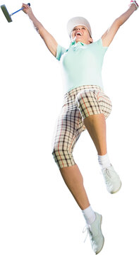 Digital png photo of caucasian female golfer celebrating on transparent background