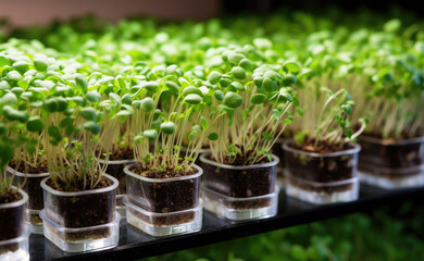 Close-up of a trays with microgreens, modern urban microgreen farm, Generative AI