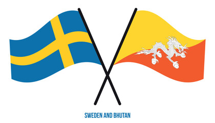 Sweden and Bhutan Flags Crossed And Waving Flat Style. Official Proportion. Correct Colors.