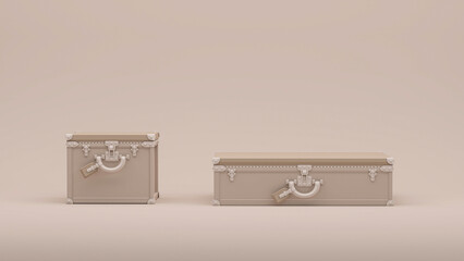 Luxury vintage suitcase ,retro travel suitcases on golden and cream background. Stylish vacation suitcase, pastel colors, tourist background, space for text, studio. 3d render.
