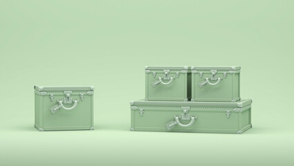 Luxury vintage suitcase ,retro travel suitcases on green background. Stylish vacation suitcase, pastel colors, tourist background, space for text, studio. 3d render.
