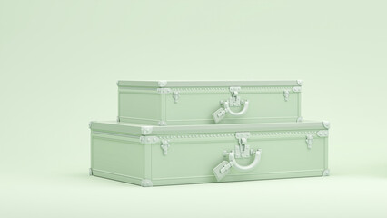 Luxury vintage suitcase ,retro travel suitcases on green background. Stylish vacation suitcase, pastel colors, tourist background, space for text, studio. 3d render.
