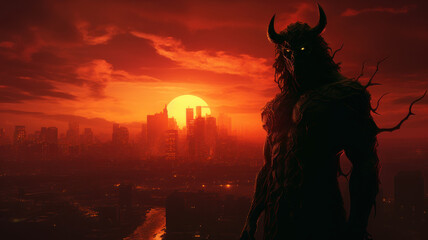 Fototapeta premium giant red demon in the city.