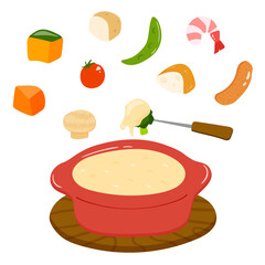チーズフォンデュのベクターイラスト。ミニトマトやブロッコリー、エビなどの様々な食材のセットイラスト。