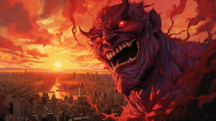 giant red demon in the city.