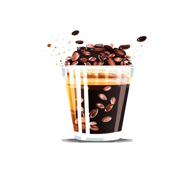Iced coffee with whipped cream in a clear glass and coffee beans, iced latte, iced cappuccino, freppe