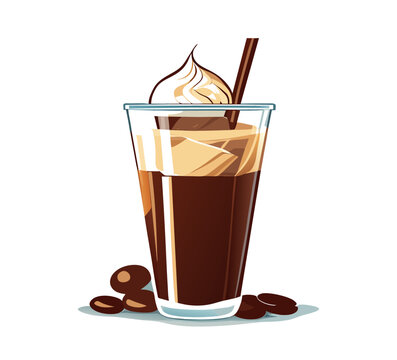 Iced coffee with whipped cream in a clear glass and coffee beans, iced latte, iced cappuccino, freppe