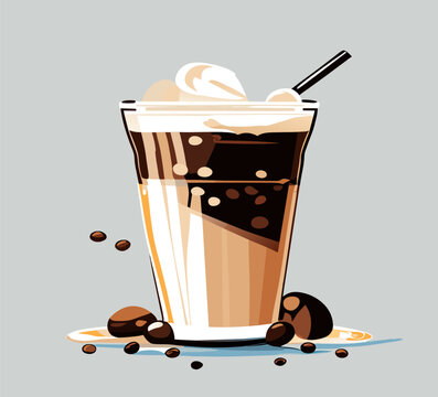 Iced coffee with whipped cream in a clear glass and coffee beans, iced latte, iced cappuccino, freppe