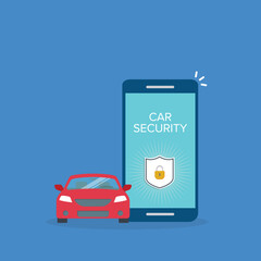 Car security system. Automobile alarm concept. App for alarm auto on screen phone. Inclusion of the protection through smartphone. Vector illustration in flat style.