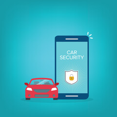 Car security system. Automobile alarm concept. App for alarm auto on screen phone. Inclusion of the protection through smartphone. Vector illustration in flat style.