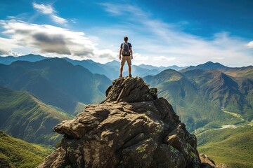 A young hiker standing triumphantly at the peak of a mountain. Adventure and Exploration