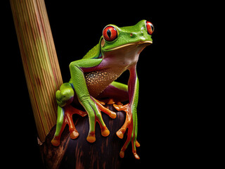 Redeyed tree frog sits on bamboo stick