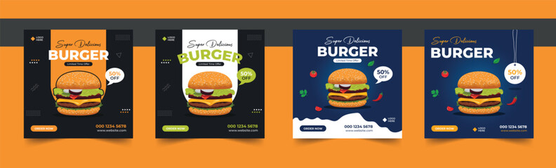 Fast food restaurant social media post or web banner template design. Burger social media post vector illustration