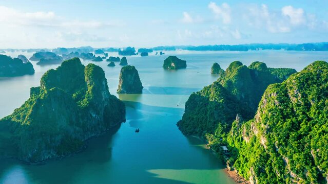 Hyper lapse Aerial view of Vietnam at Halong bay and blue sky