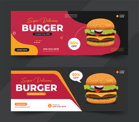 Restaurant Burger Social Media cover post or web banner template design. Food promotion banner. Burger social media cover post vector illustration 
