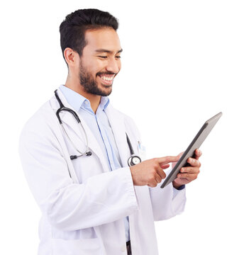 Research, Smile And Asian Man Or Doctor With Tablet For Reading In Png Or Transparent And Isolated Background. Healthcare, Professional Male And Tech With Online App For Career Or Innovation.