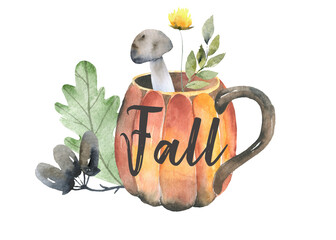 Pumpkin spice latte coffee cup for autumn menu or greeting card design. Watercolor floral illustration