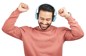 Happy asian man, headphones and dancing to music or listening isolated on a transparent PNG background. Excite male person enjoying audio streaming, sound track or songs on headset for online tunes