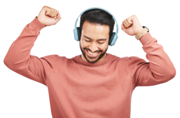 Happy asian man, headphones and dancing to music or listening isolated on a transparent PNG background. Excite male person enjoying audio streaming, sound track or songs on headset for online tunes