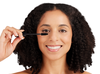 Makeup, portrait and happy woman with mascara brush on isolated, transparent and png background. Beauty, smile and face of female wellness model with eyelash cosmetic tool for volume, glamour or glow