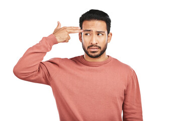 Finger gun, stress and asian man with problem, annoyed expression and isolated on a transparent png...
