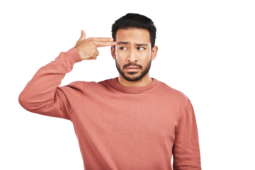 Finger gun, stress and asian man with problem, annoyed expression and isolated on a transparent png background. Face of frustrated young male person with angry hand gesture or emoji sign to forehead