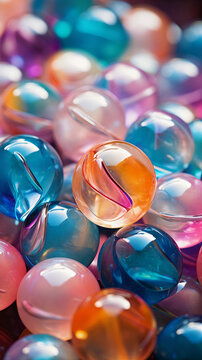 Shiny and colorful pastel glass marbles in a mesmerizing pattern