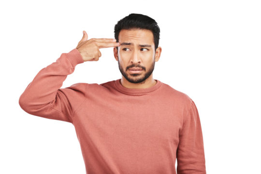 Finger gun, stress and asian man with problem, annoyed expression and isolated on a transparent png background. Face of frustrated young male person with angry hand gesture or emoji sign to forehead