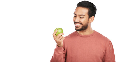 Diet, apple and man with fruit for health on isolated, png and transparent background for wellness....