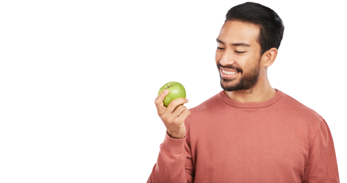 Diet, apple and man with fruit for health on isolated, png and transparent background for wellness. Vegan, lose weight and happy asian person eating healthy food for nutrition, detox and vitamins - Powered by Adobe
