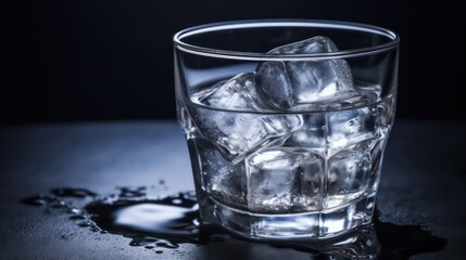 Glass with ice cube background with copy space