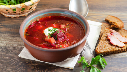 Borscht - Traditional Ukrainian dish. Vegetable soup made from beets, potatoes, cereals and boiled meat, and slices of rye bread in a ceramic bowl on a wooden kitchen table. Russian food cuisine