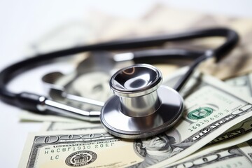 Medical stethoscope and dollar bills background