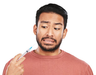 Scared, medicine and man with syringe on isolated, png and transparent background for wellness....