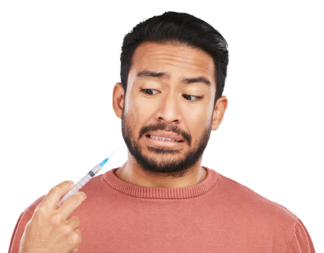 Scared, medicine and man with syringe on isolated, png and transparent background for wellness. Healthcare, anxiety and worried male person with needle for vaccine, treatment and medication injection