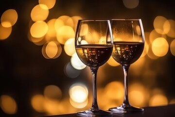 Two wine glasses clink at the party on bokeh background
