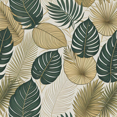 Tropical leaf Wallpaper, Luxury nature leaves pattern design, Golden banana leaf line arts, Hand drawn outline design for fabric , print, cover, banner and invitation