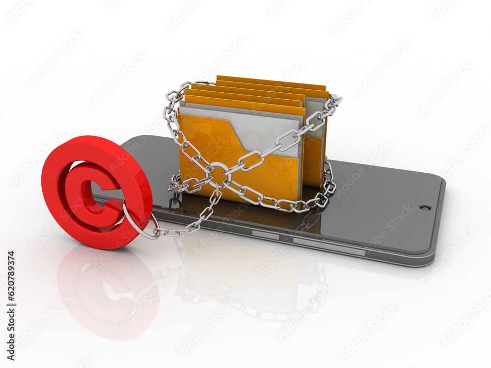 Poster 3d rendering yellow folder and copyright lock in mobile phone. data security concept