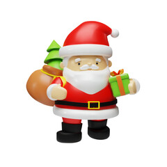 3D render Santa Claus with santa sack, christmas tree and gift. Realistic xmas character in clay, plastic style. Vector illustration in cartoon style for celebrating Merry Christmas. Winter holiday