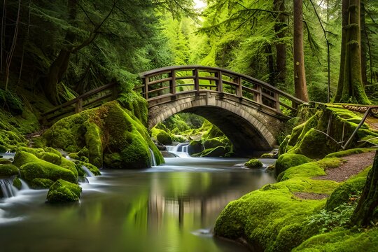 bridge in the forest wooden bridge in the forest, greenery in woods, bridge connecting two jungles and wooden path in the forest,water pass away under the bridge