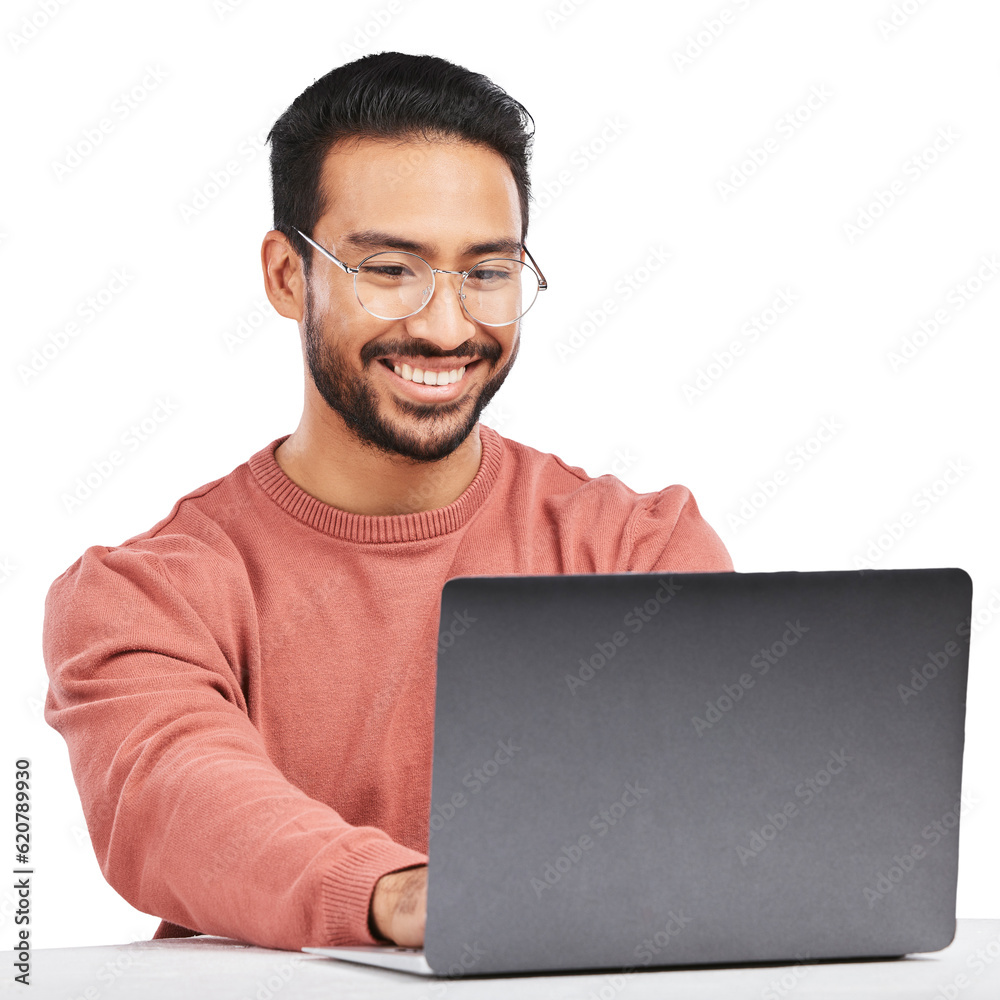 Poster asian man, laptop and smile with business work and typing email isolated on a transparent, png backg