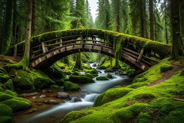 Fototapeta na wymiar bridge in the forest, greenrey in the forest wooden bridge, bridge connecting two forest 