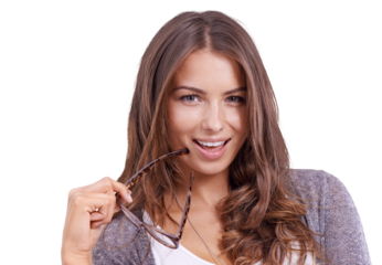 Flirt, glasses and girl in portrait in closeup for png or isolated and transparent background with smile. Happy, nerd and face with woman is stylish with positive attitude with causal outfit is cool.